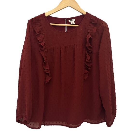 J. Crew Maroon Polyester Scoop Neck Flowy Blouse with Ruffles Size 14 - Picture 1 of 6